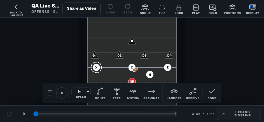 Actual FlagArc five-on-five Play Designer with routes and player assignments