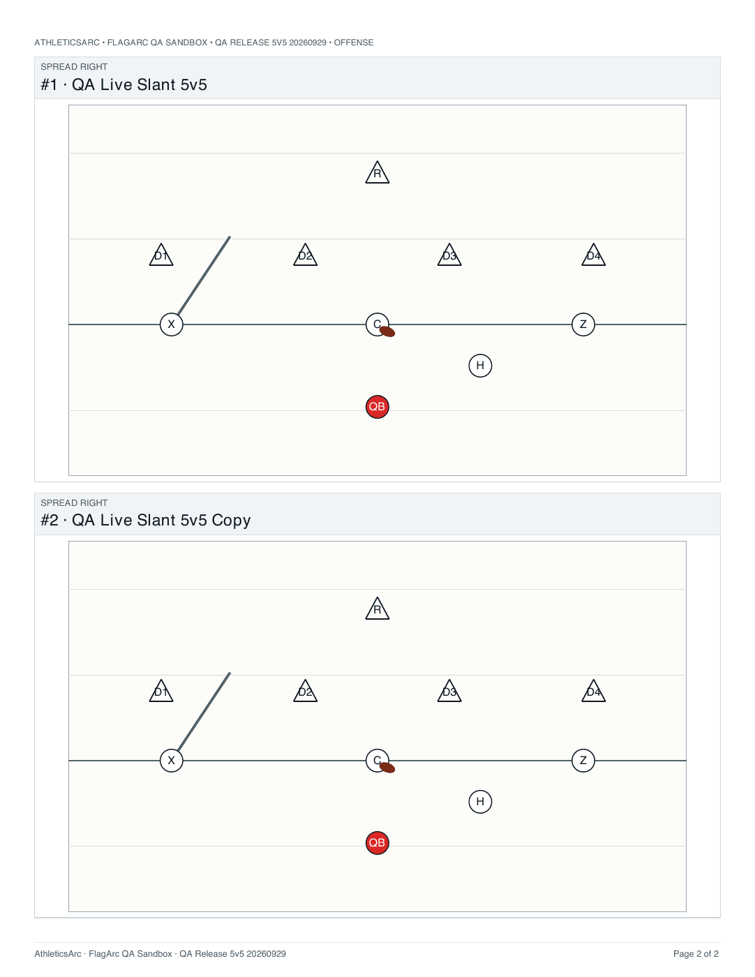 Actual FlagArc printed playbook with five-on-five demonstration diagrams