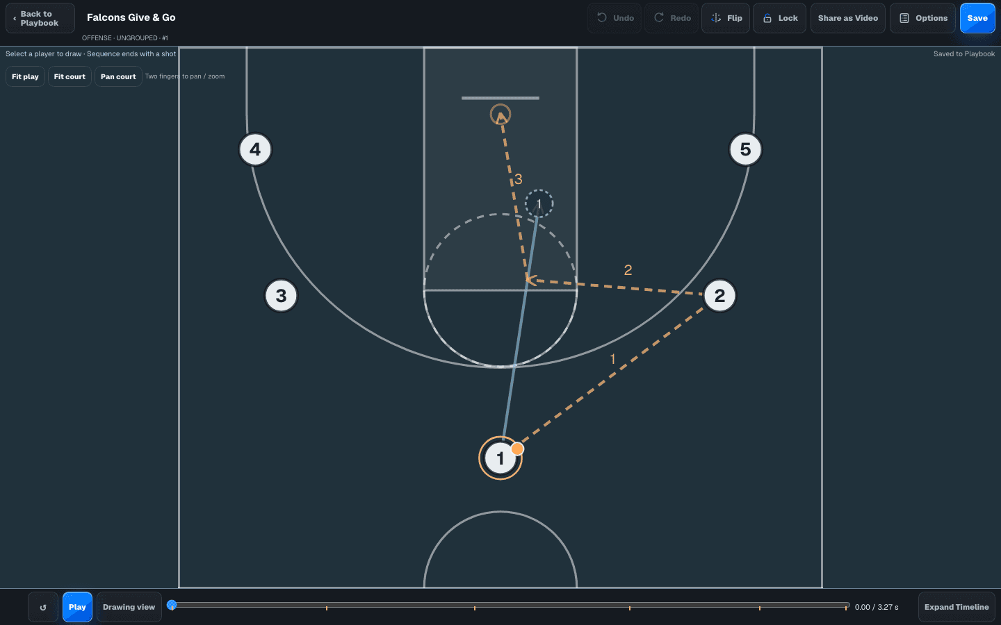 Actual BasketballArc court editor with sample player movement and passes