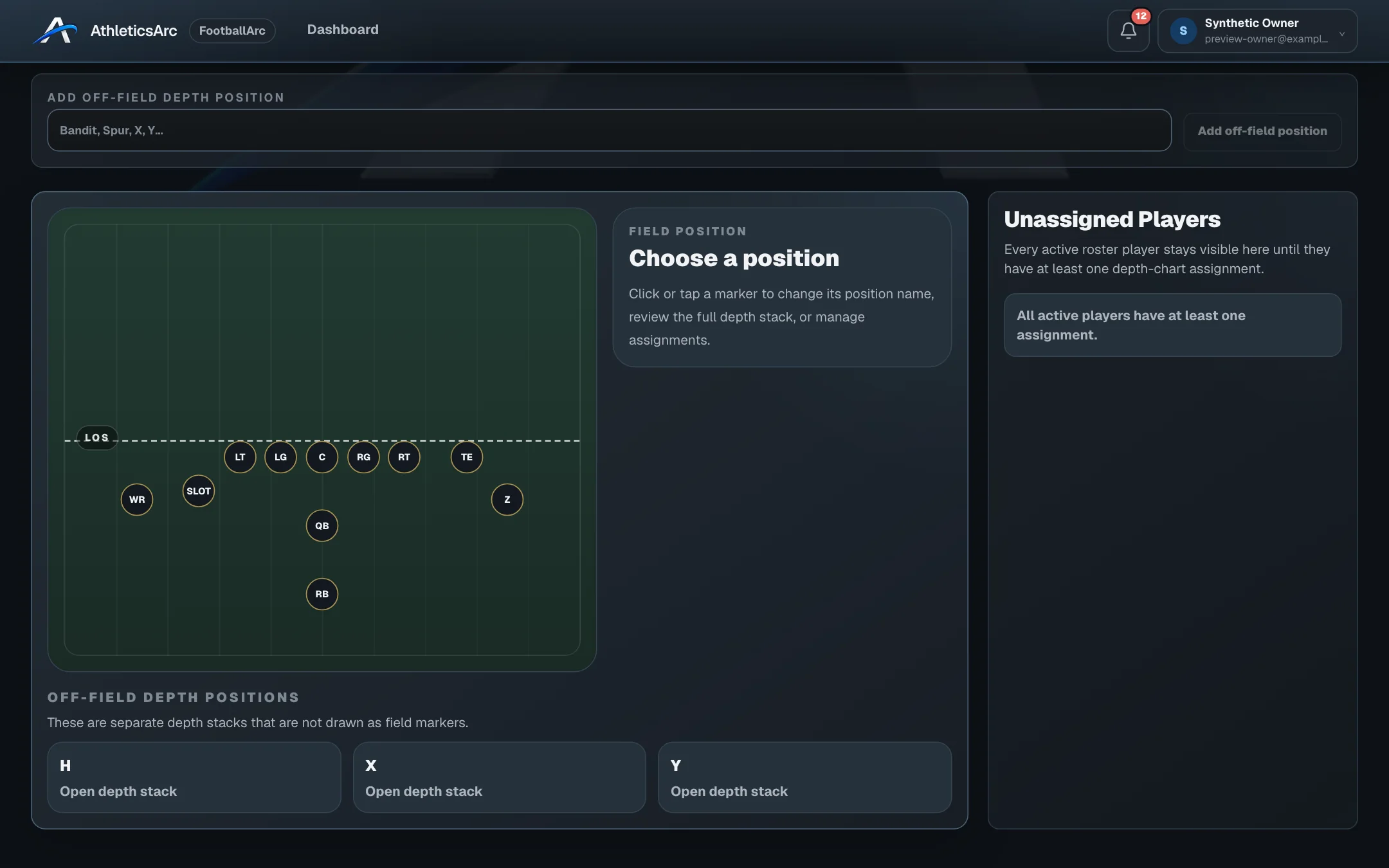 FootballArc formation depth chart with sample roster player assignments