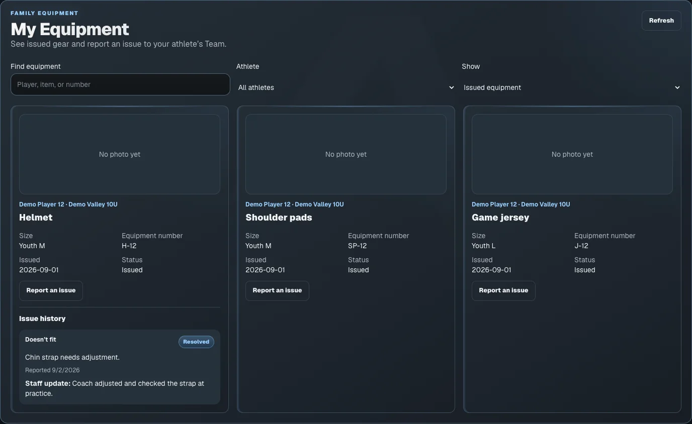 My Equipment showing an issued helmet, item details and a resolved fit report