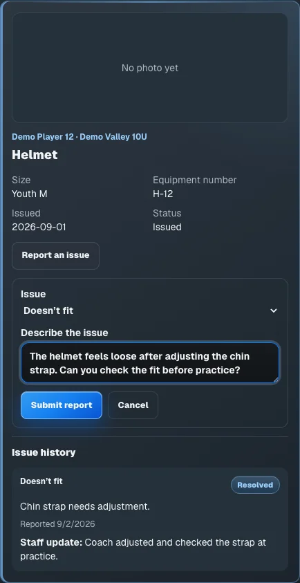 Equipment issue form with issue type and a description for an issued helmet