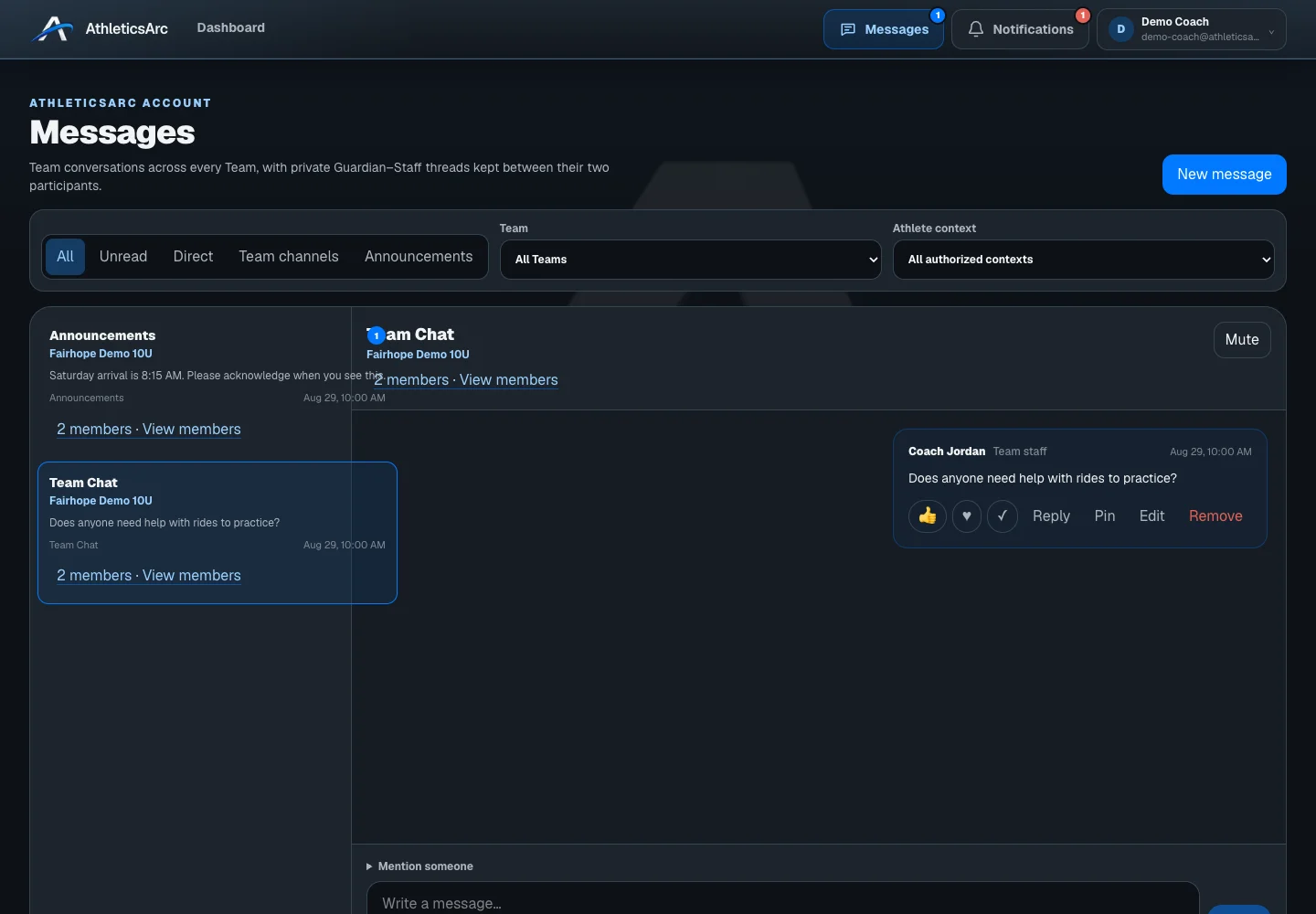 AthleticsArc Messages with a sample team conversation and reply composer