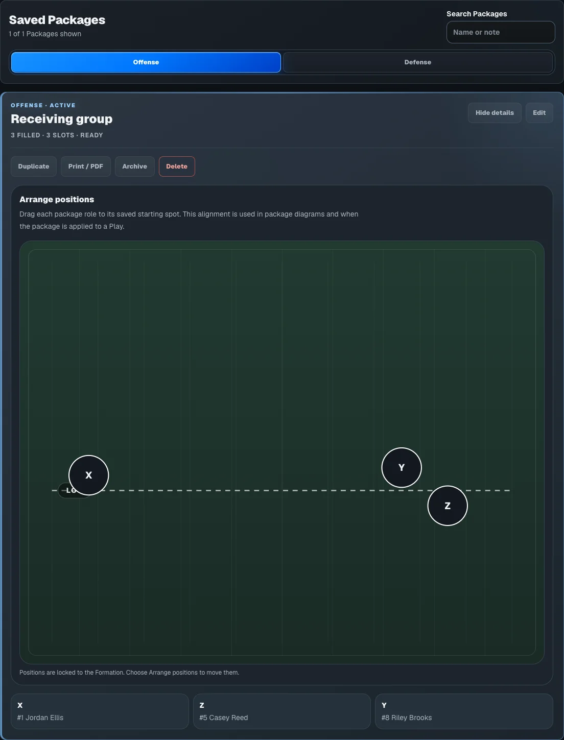 FootballArc Personnel Packages showing a saved package and player assignments