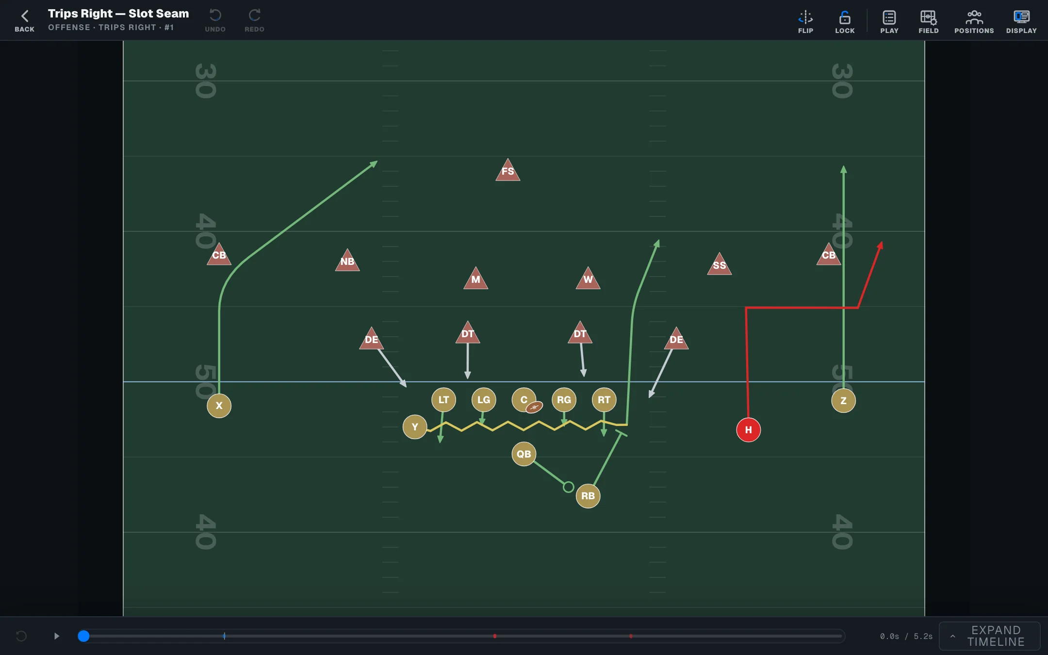 Trips Right Slot Seam in the FootballArc Play Editor with player assignments and routes