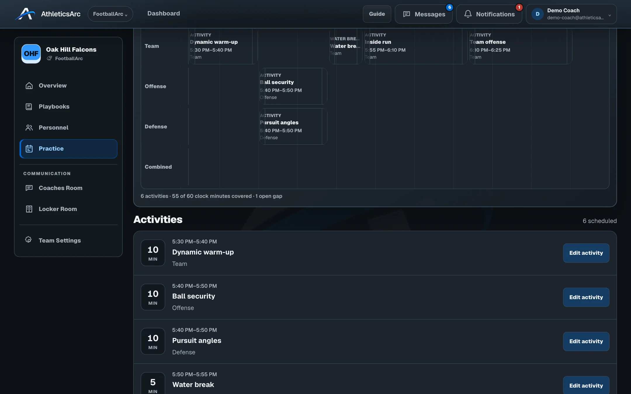 FootballArc practice planner with timed activities and coaching assignments