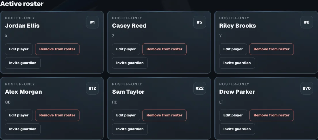 FootballArc roster with sample players, jersey numbers and positions