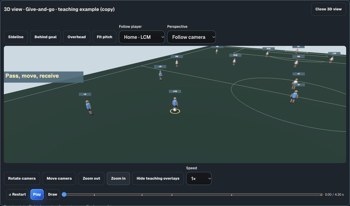 SoccerArc 3D playback following a selected midfielder, with camera choices, speed and playback controls