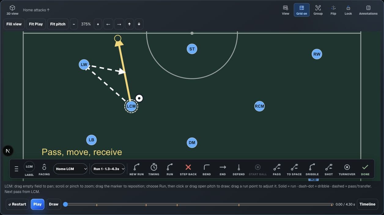 Actual SoccerArc editor showing a give-and-go, the selected midfielder’s movement and ball controls, and the playback timeline